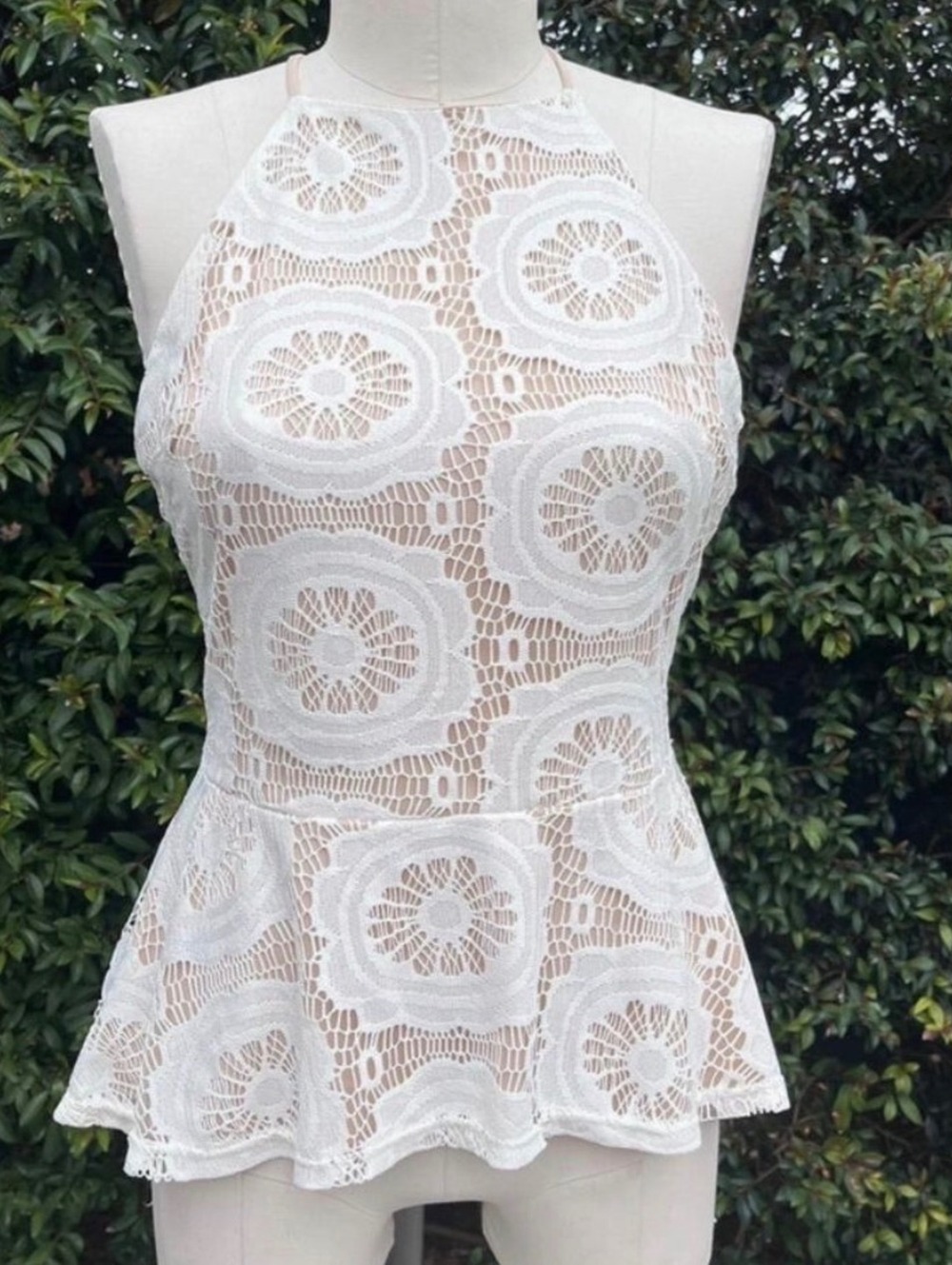 Fairy Fem Y2K Charlotte Russe Lace Top Medium USA Made White Halter Peplum 2000s